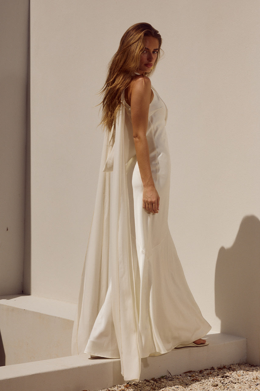 ivory maxi dress Henley Slinky Drape / | MESHKI neckline and a stunning open back Shona Joy - Aby Jersey