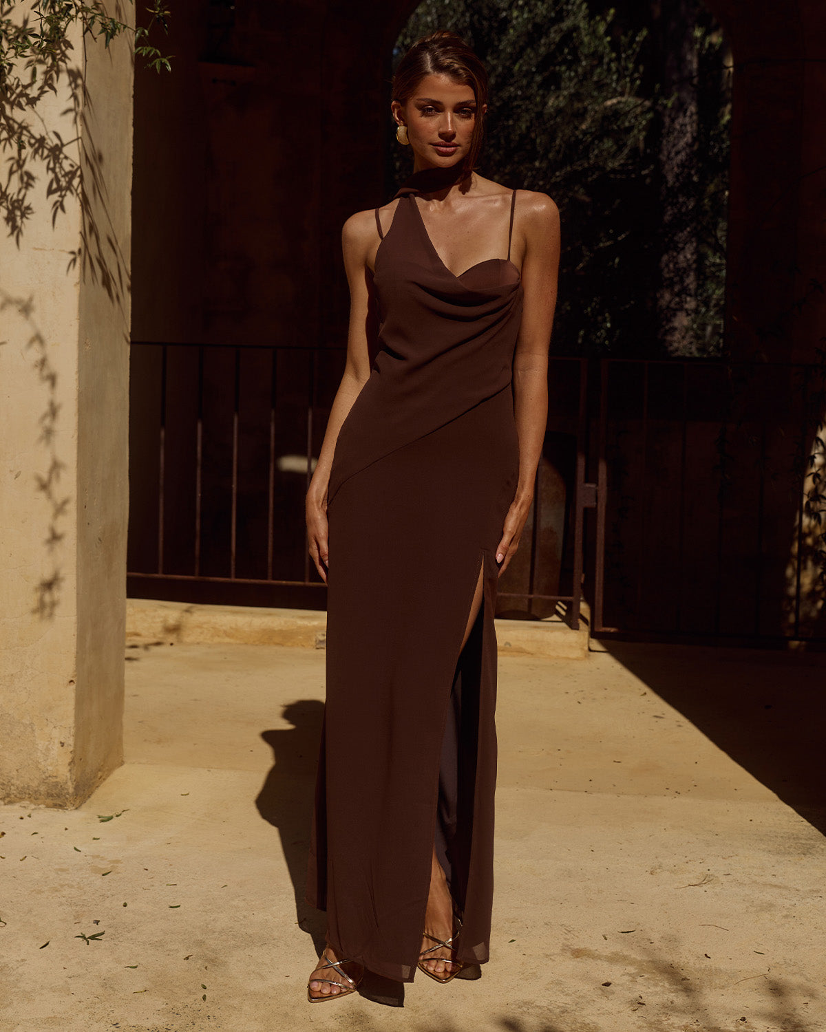 Dorry doll リルアー drape design dress brown LIORA DRAPED SCARF MAXI DRESS - CHOCOLATE | Runaway The Label