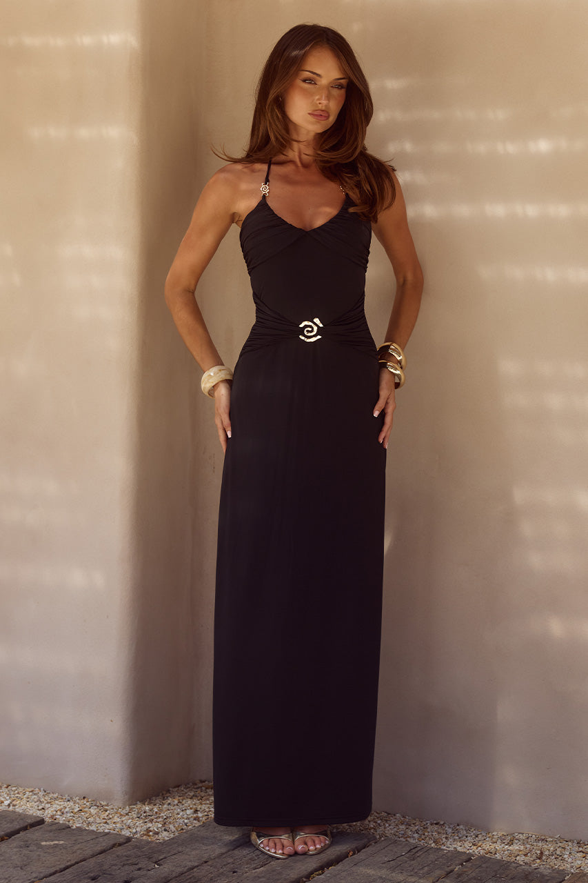 runaway the label halter dress NINA RUCHED MAXI Lsu outfit