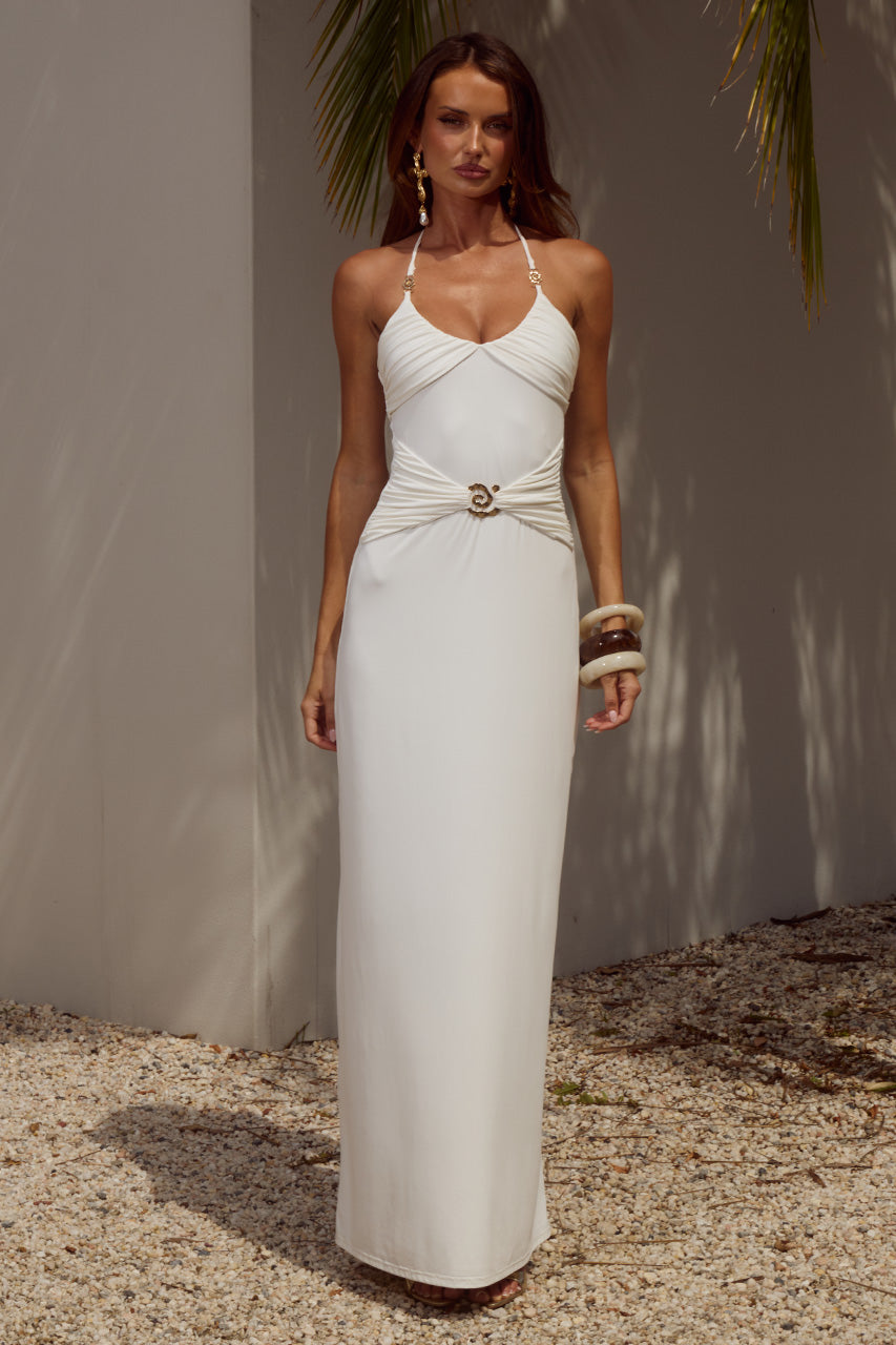 NINA RUCHED HALTER MAXI DRESS