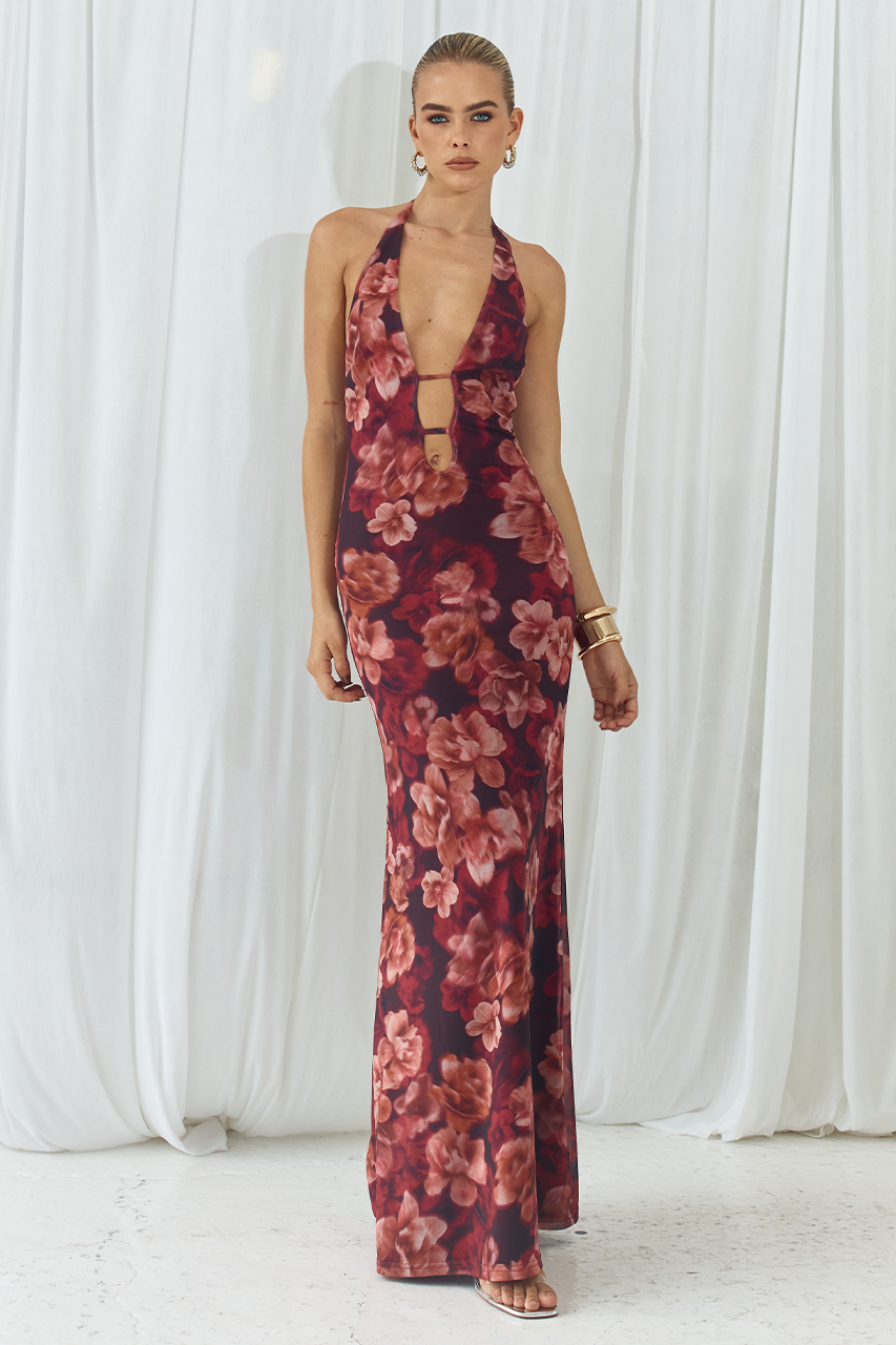 Wine floral best sale maxi dress