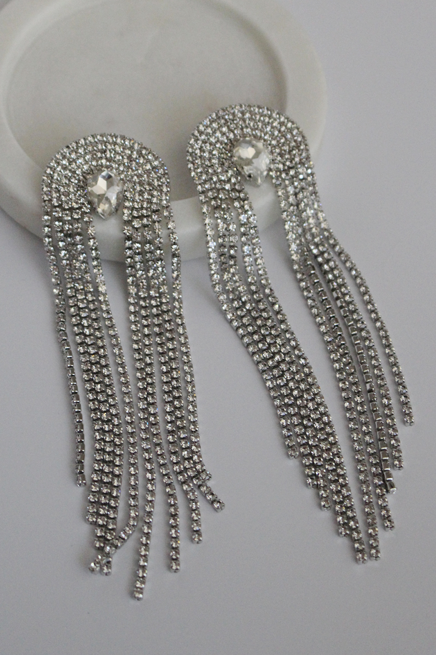 Tassel Silver Rhinestones Long Chain Earrings Silver / One Size