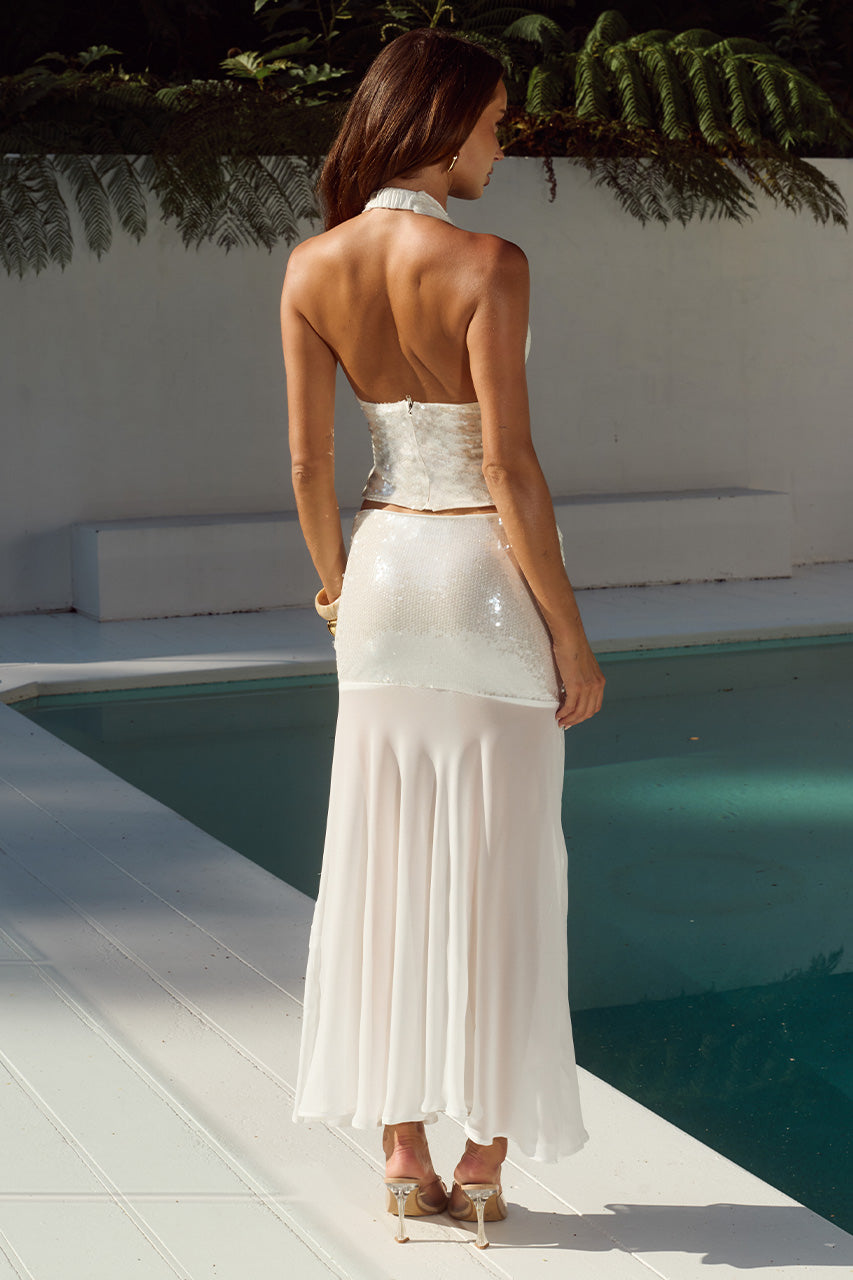 white dress sheer bottom Dresses skirt is lined with sligh stretch Sheer Excitement Maxi Dress -