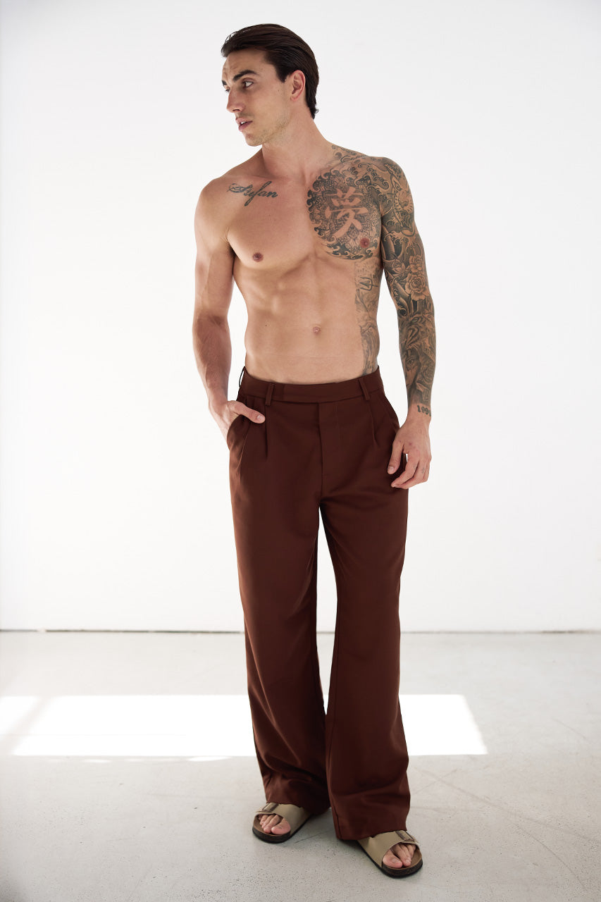 ALESSIO WIDE LEG TAILORED PANT - CHOCOLATE