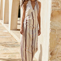 ALVA HALTER FAUX WRAP MAXI DRESS - SAND/CHOCOLATE STRIPE