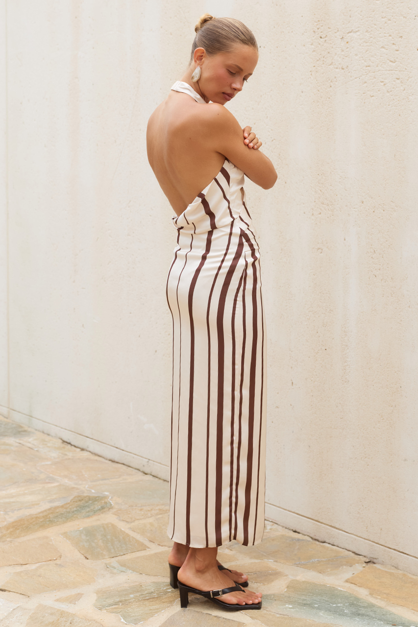 ALVA HALTER FAUX WRAP MAXI DRESS - SAND/CHOCOLATE STRIPE