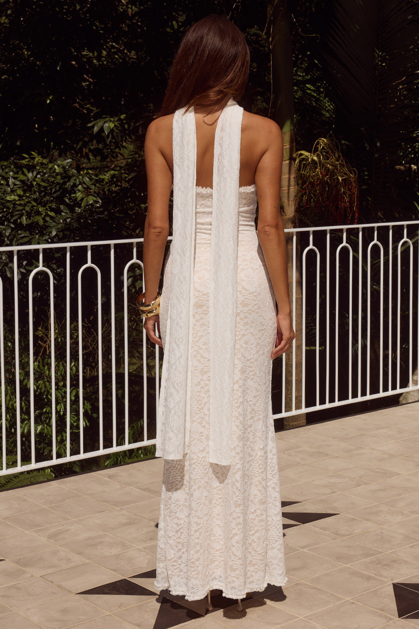 white maxi dress with scarf Florence Asymmetrical Chiffon or left cascading its finished with a back leg split for ease of movement Bronwyn White Strapless Maxi Dress