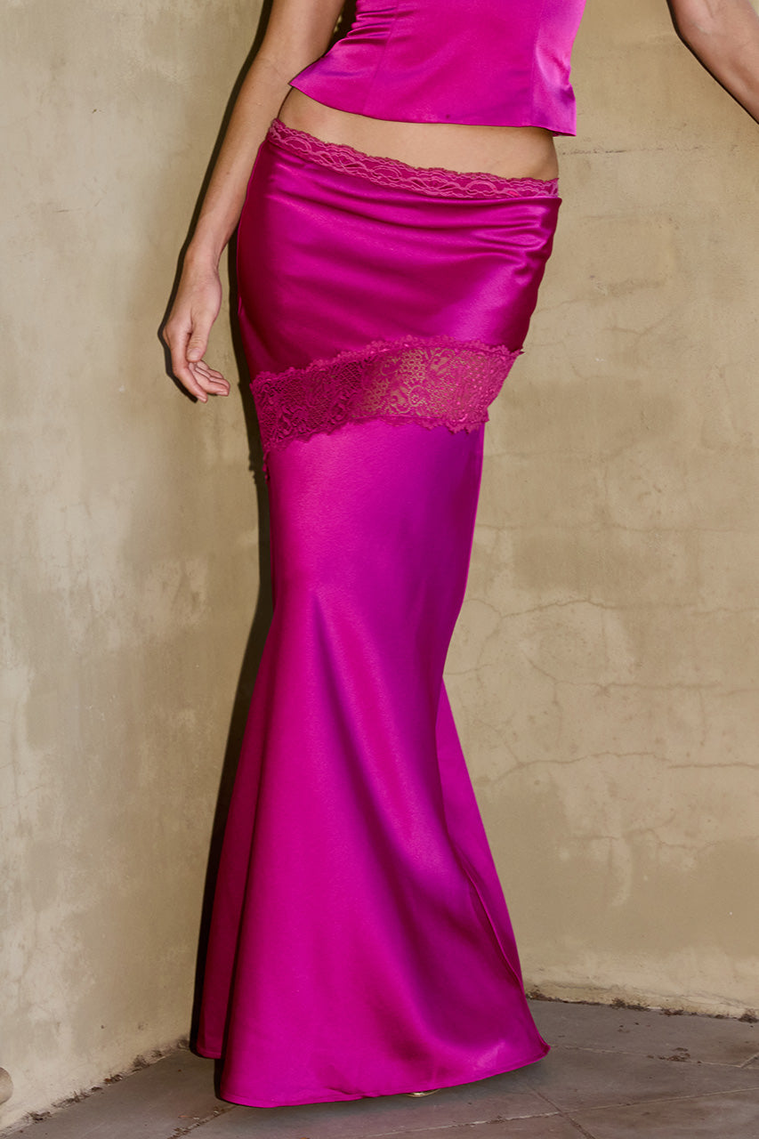AMARA LACE TRIM MAXI SKIRT - FUCHSIA