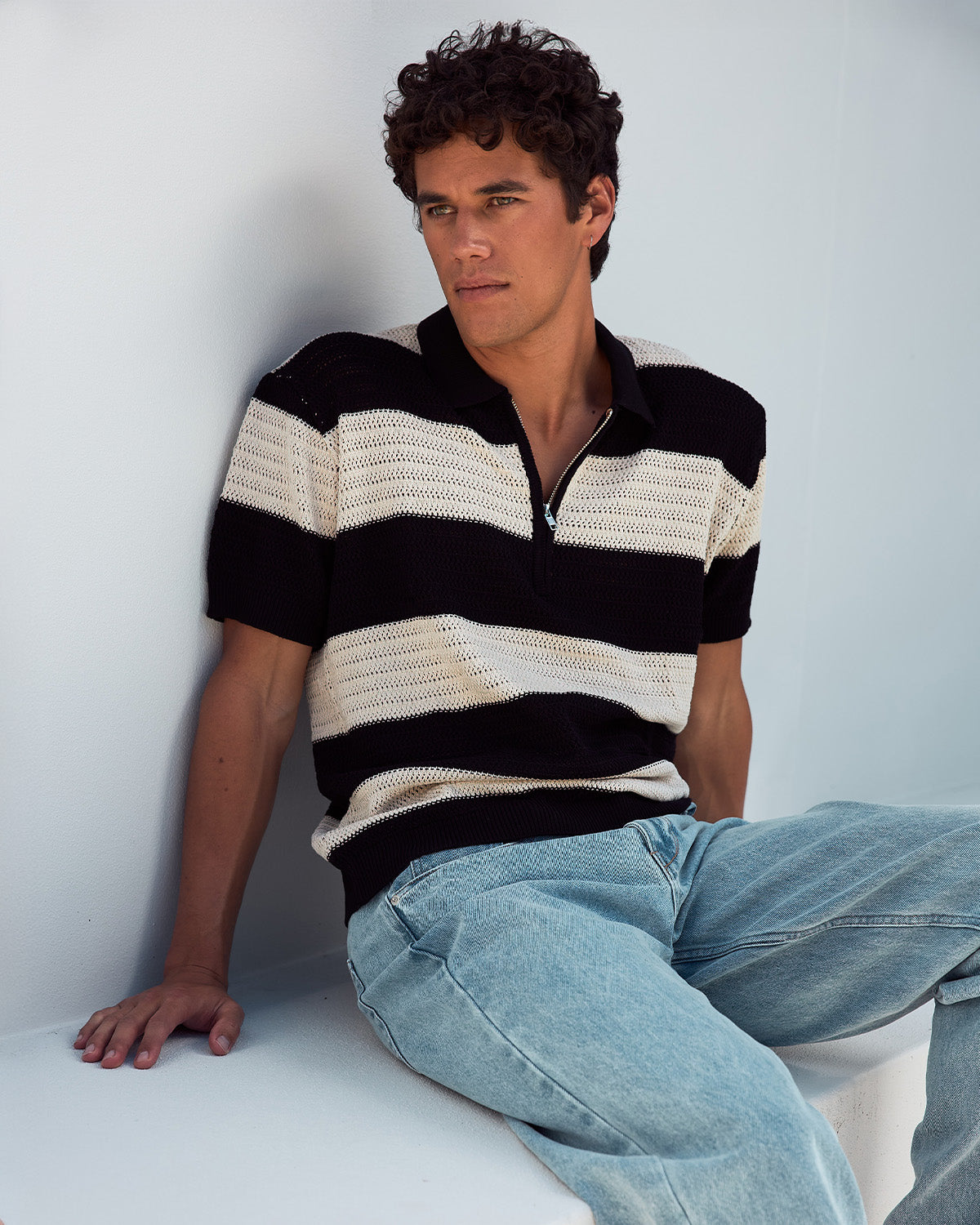 ANTONY ZIP POLO KNIT TOP - BLACK/SAND