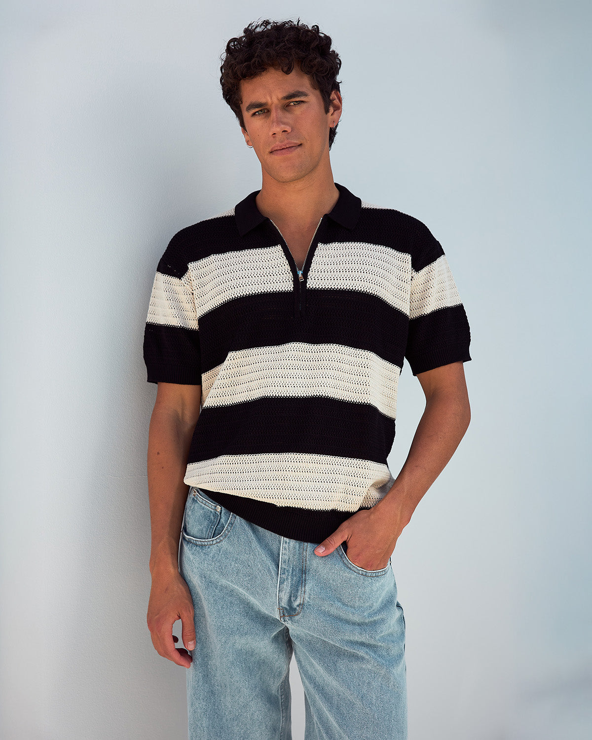 ANTONY ZIP POLO KNIT TOP - BLACK/SAND