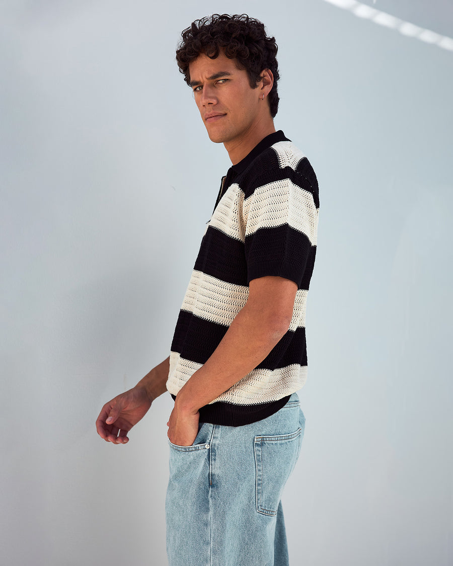 ANTONY ZIP POLO KNIT TOP - BLACK/SAND
