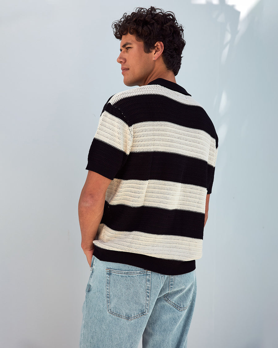 ANTONY ZIP POLO KNIT TOP - BLACK/SAND