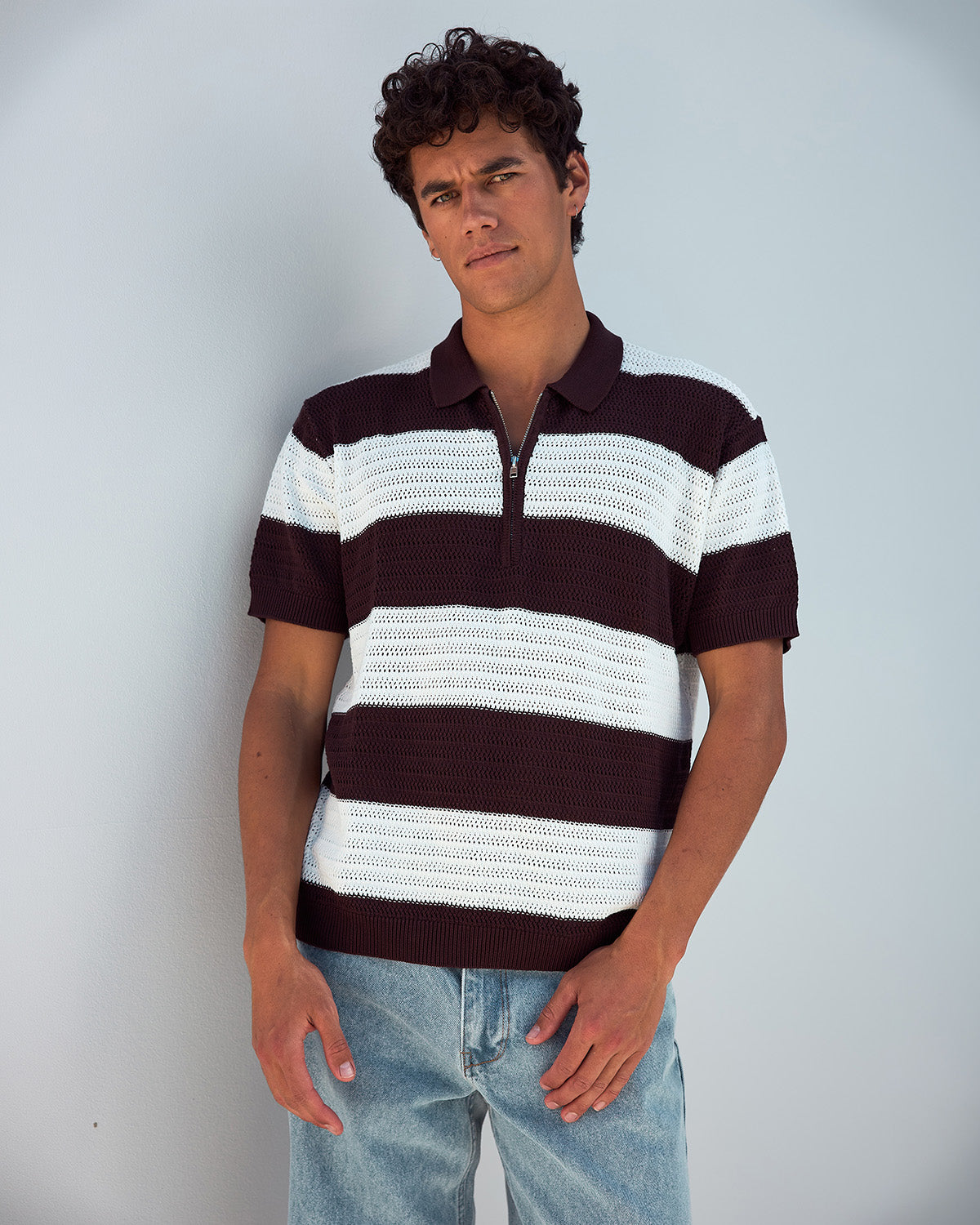 ANTONY ZIP POLO KNIT TOP - CHOCOLATE/SAND