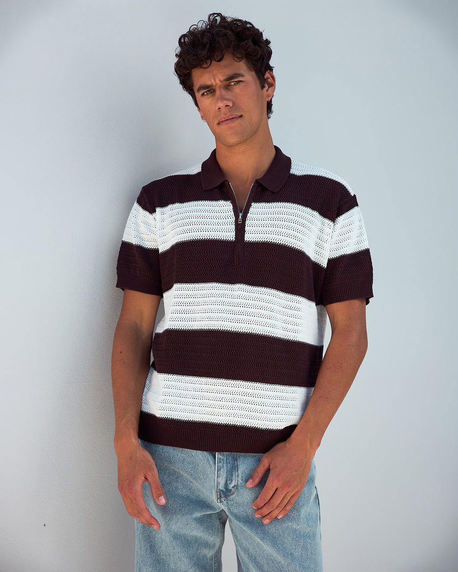 ANTONY ZIP POLO KNIT TOP - CHOCOLATE/SAND