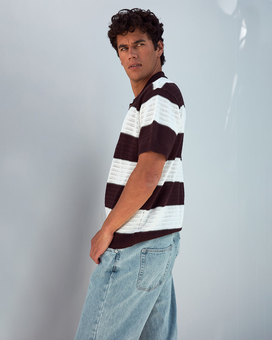 ANTONY ZIP POLO KNIT TOP - CHOCOLATE/SAND