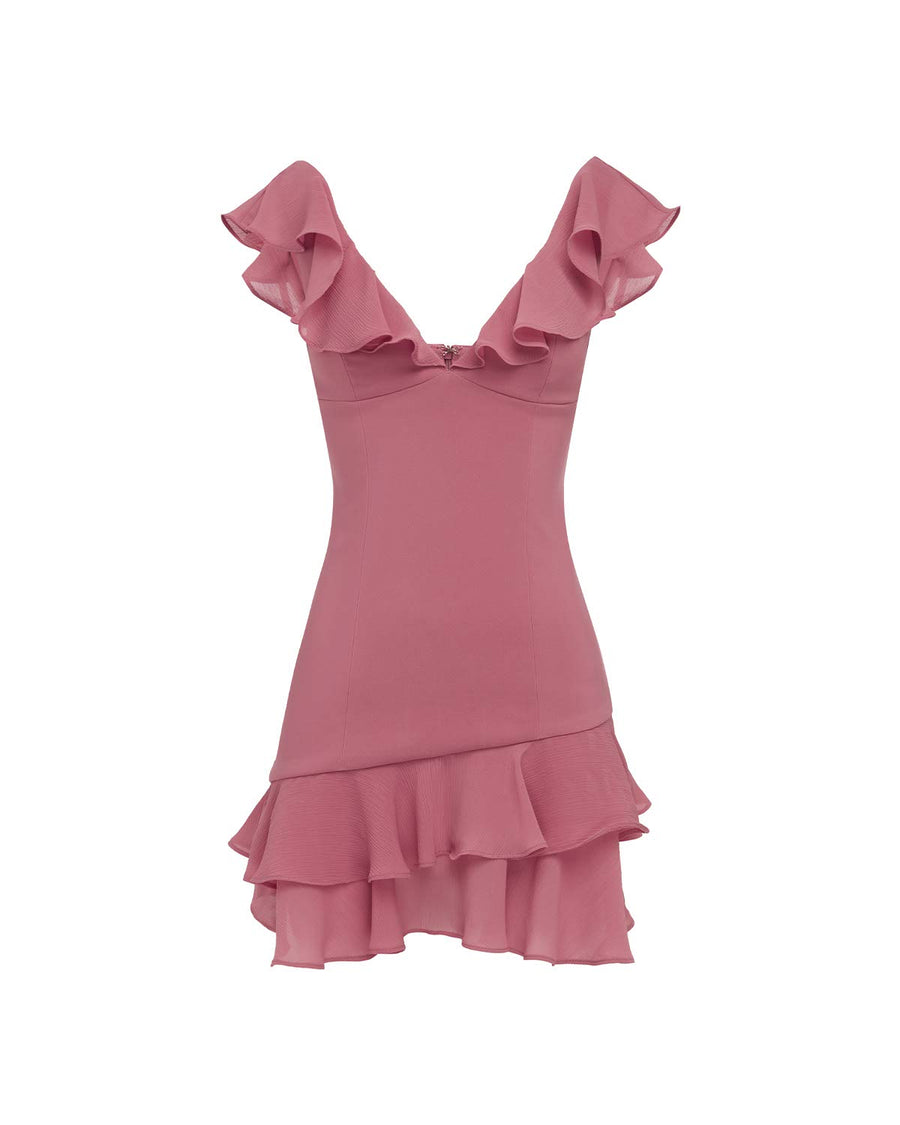 ARMELLO V NECK FRILL MINI DRESS - BLUSH