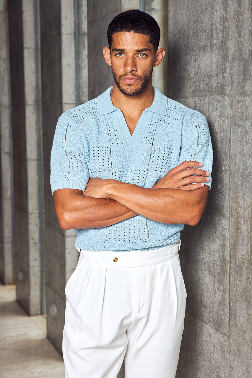 ATLAS SHORT SLEEVE POLO KNIT TOP - SKY BLUE