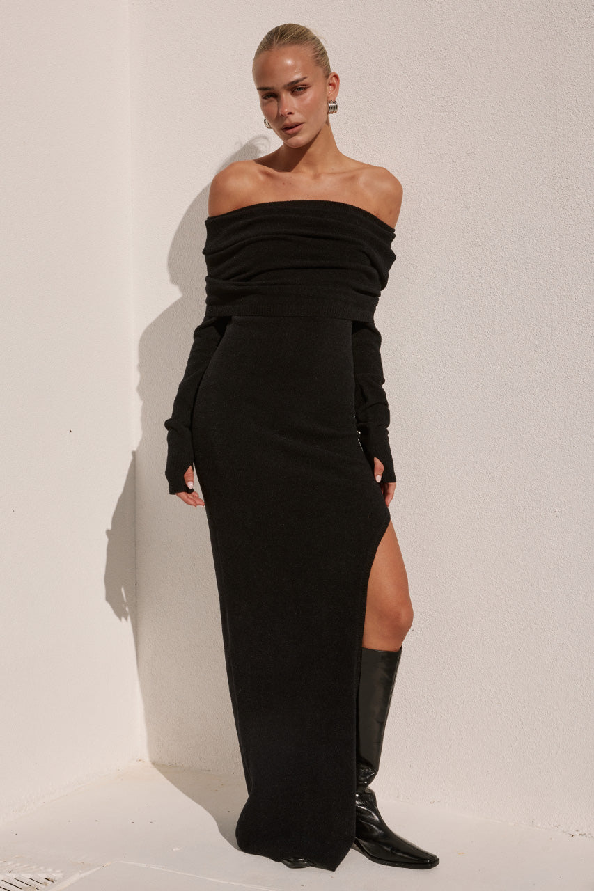 off the shoulder knit maxi dress Sandrine / White | MESHKI this fitted silhouette features flared sleeve hems and delicate ripple panel detailing through the front Striped Off The Shoulder Long