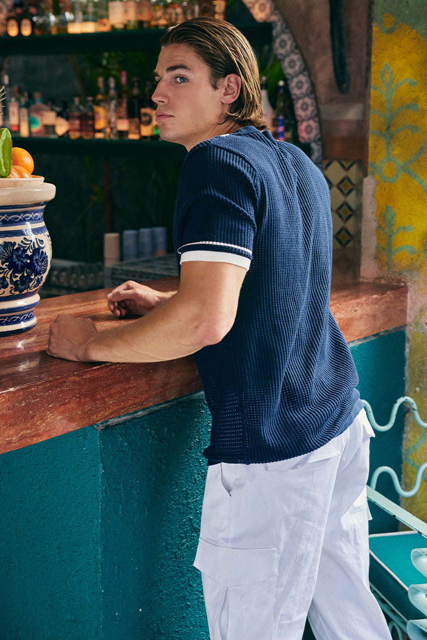 BENNET SHORT SLEEVE KNIT SHIRT - NAVY/WHITE