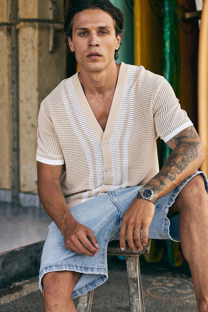 BENNET SHORT SLEEVE KNIT SHIRT - SAND/WHITE