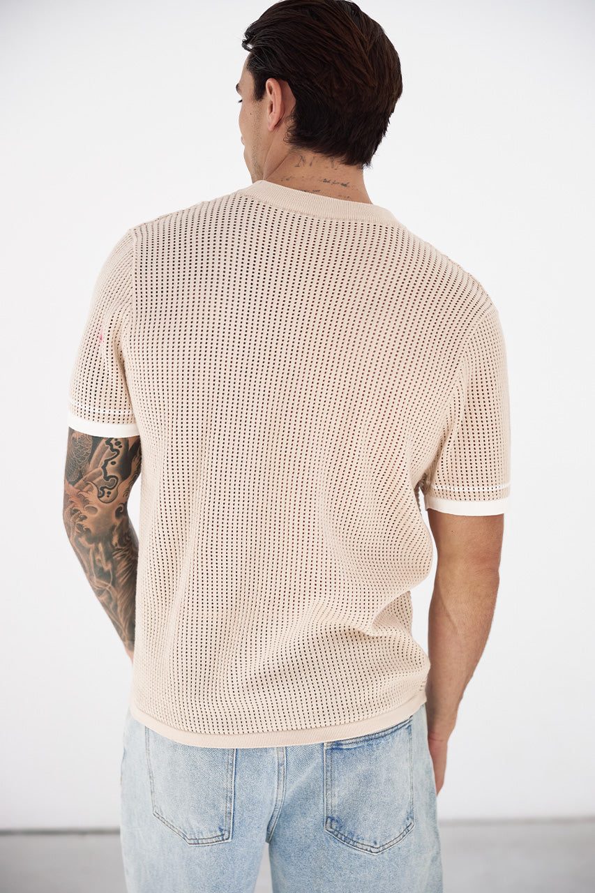 BENNET SHORT SLEEVE KNIT SHIRT - SAND/WHITE