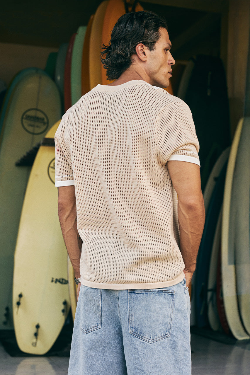 BENNET SHORT SLEEVE KNIT SHIRT - SAND/WHITE