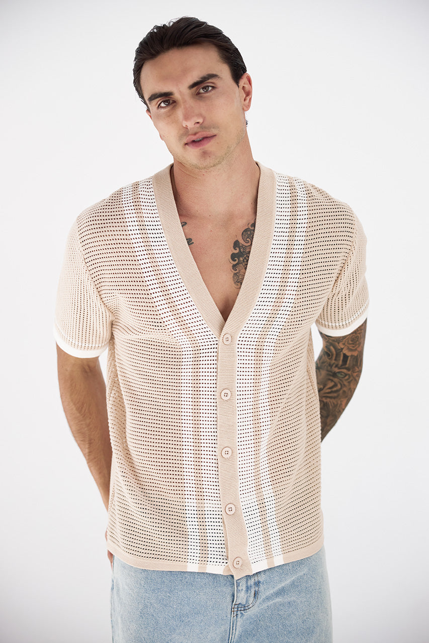 BENNET SHORT SLEEVE KNIT SHIRT - SAND/WHITE