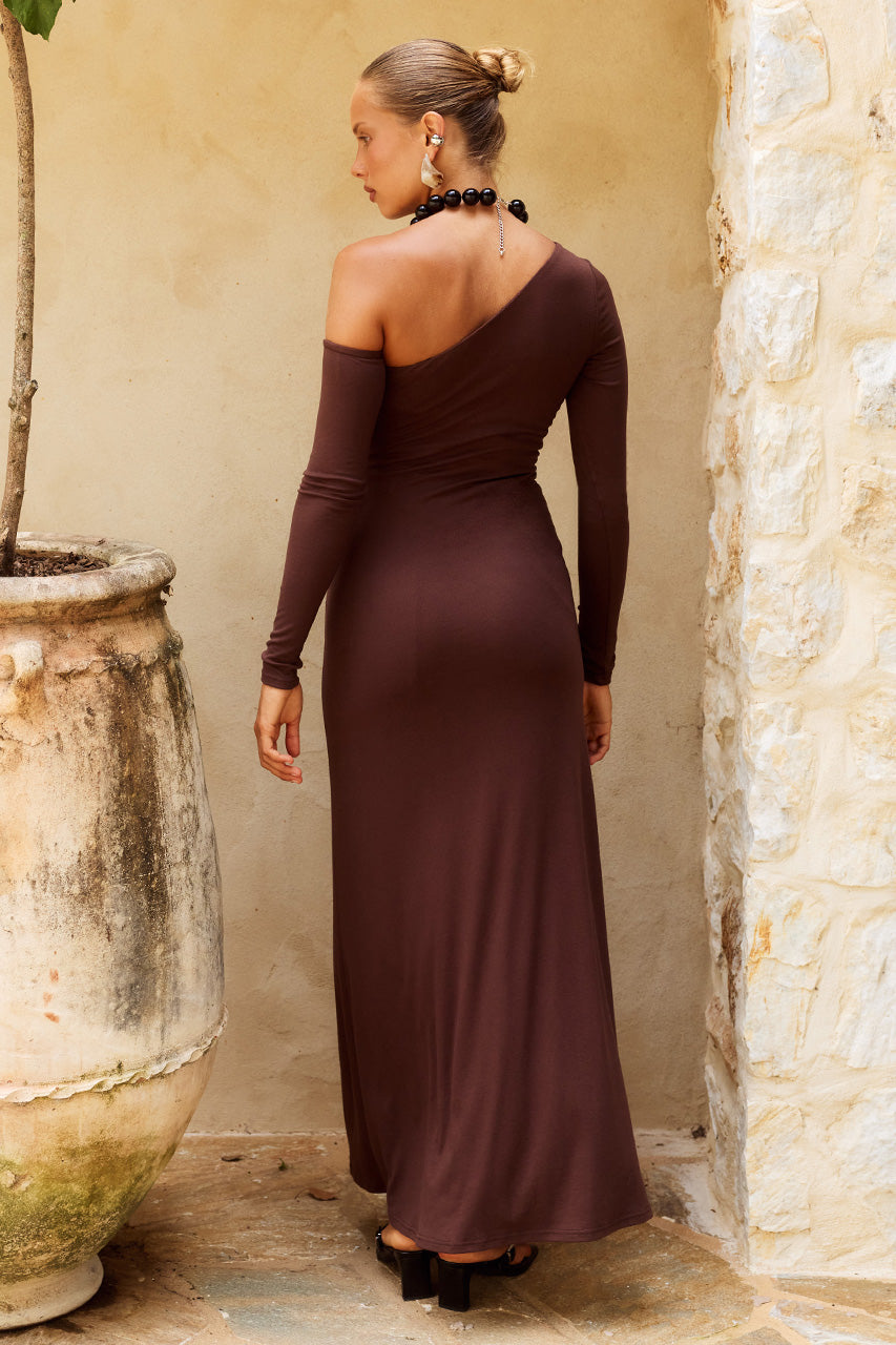 BIANCA ONE SHOULDER MAXI DRESS - CHOCOLATE