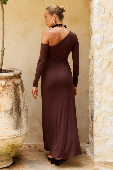 BIANCA ONE SHOULDER MAXI DRESS - CHOCOLATE