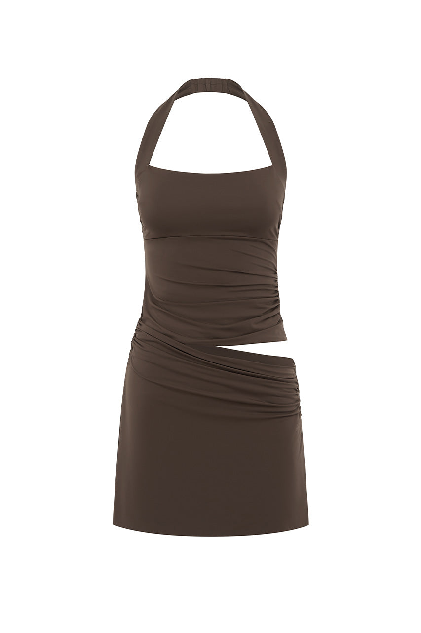 CEDAR HALTER CUTOUT MINI DRESS - BITTER CHOCOLATE