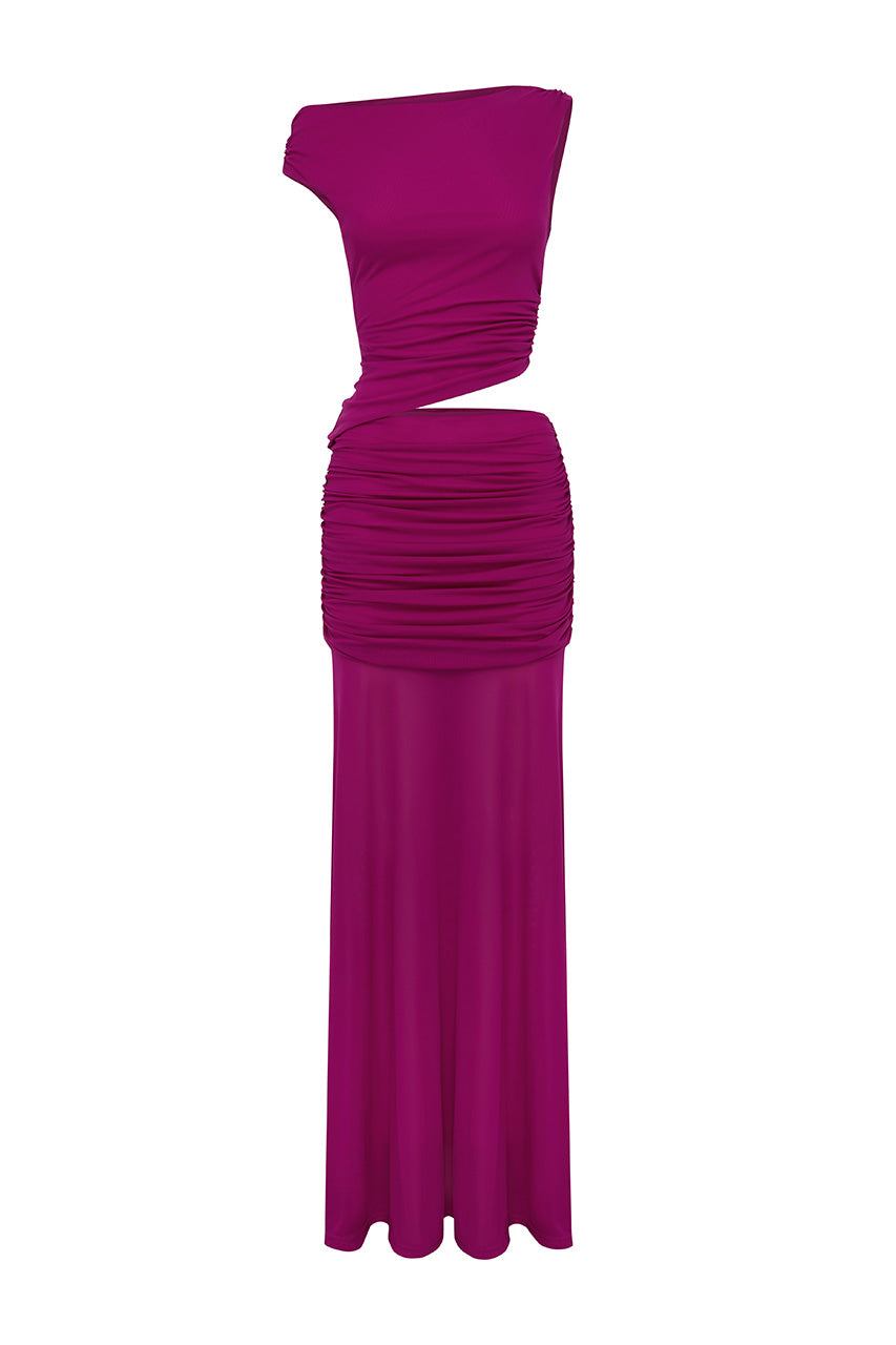 DREW ASYMMETRICAL NECK MAXI DRESS - BERRY