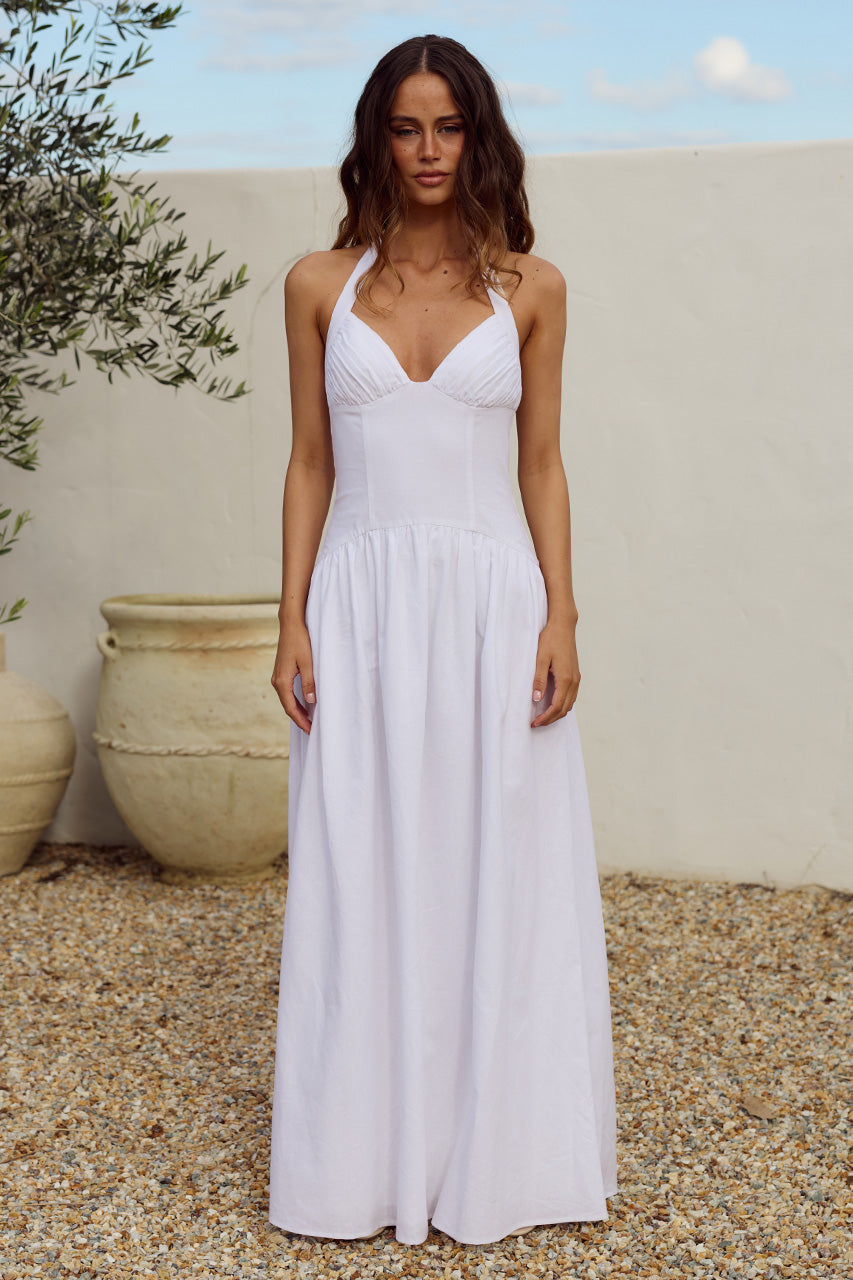 ELOISE DROP WAIST HALTER MAXI DRESS - WHITE
