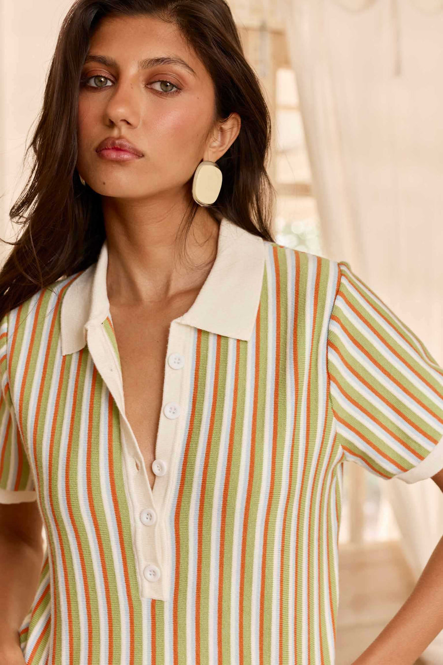 ELYSIAN COLLARED KNIT TOP - LIME GREEN MULTI