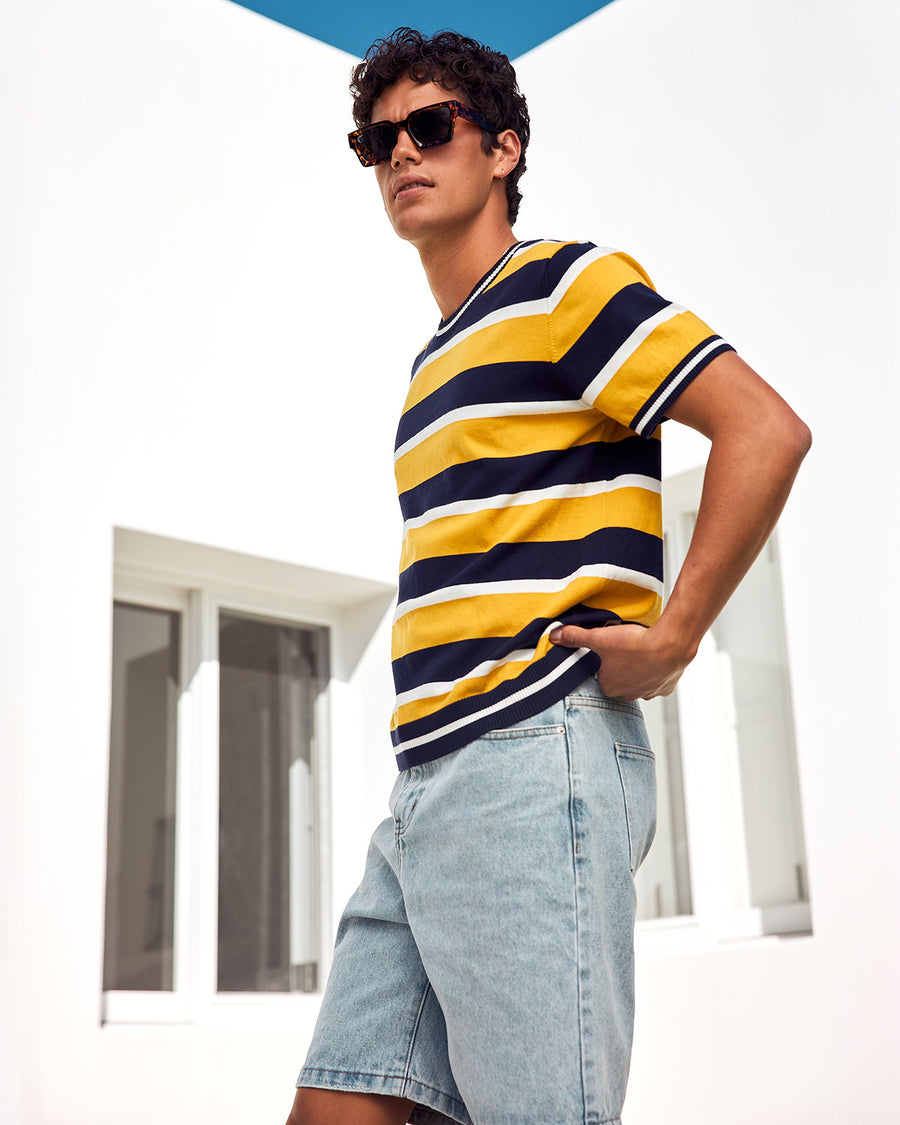 ETHAN SHORT SLEEVE KNIT TOP - YELLOW/NAVY STRIPE