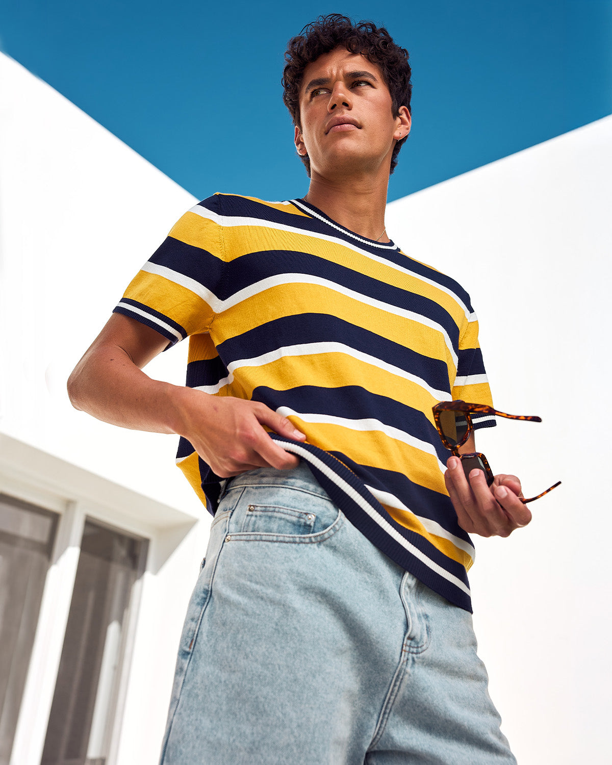 ETHAN SHORT SLEEVE KNIT TOP - YELLOW/NAVY STRIPE