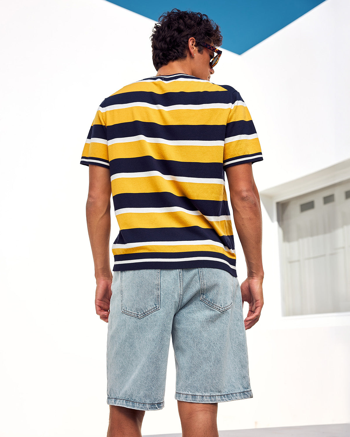 ETHAN SHORT SLEEVE KNIT TOP - YELLOW/NAVY STRIPE