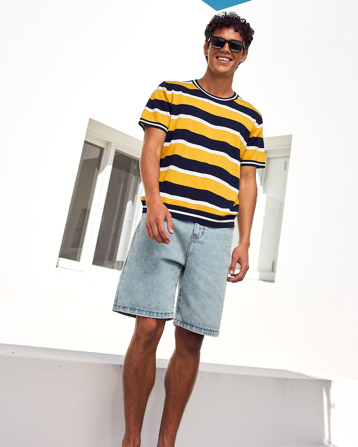 ETHAN SHORT SLEEVE KNIT TOP - YELLOW/NAVY STRIPE