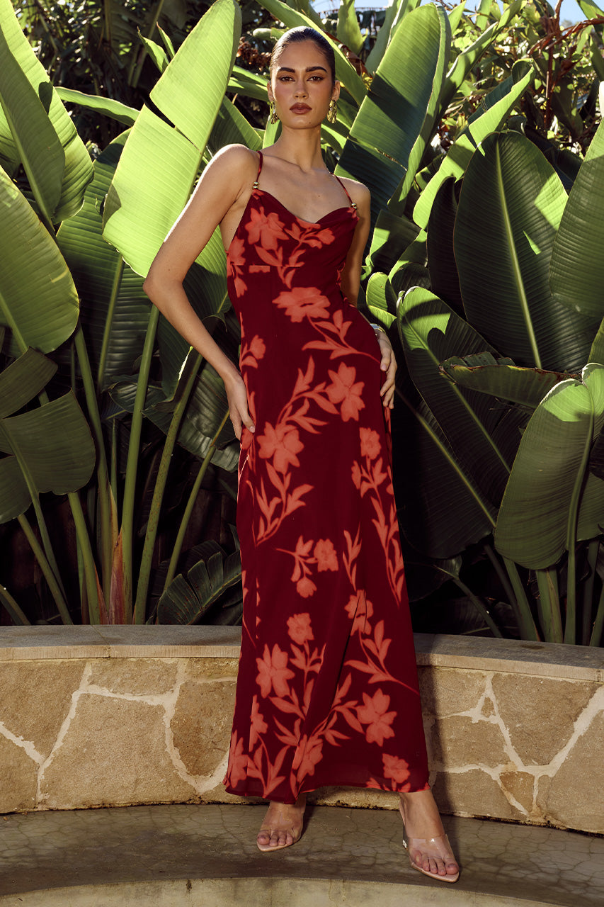 EVE COWL CROSS BACK MAXI DRESS - ALMINA RED