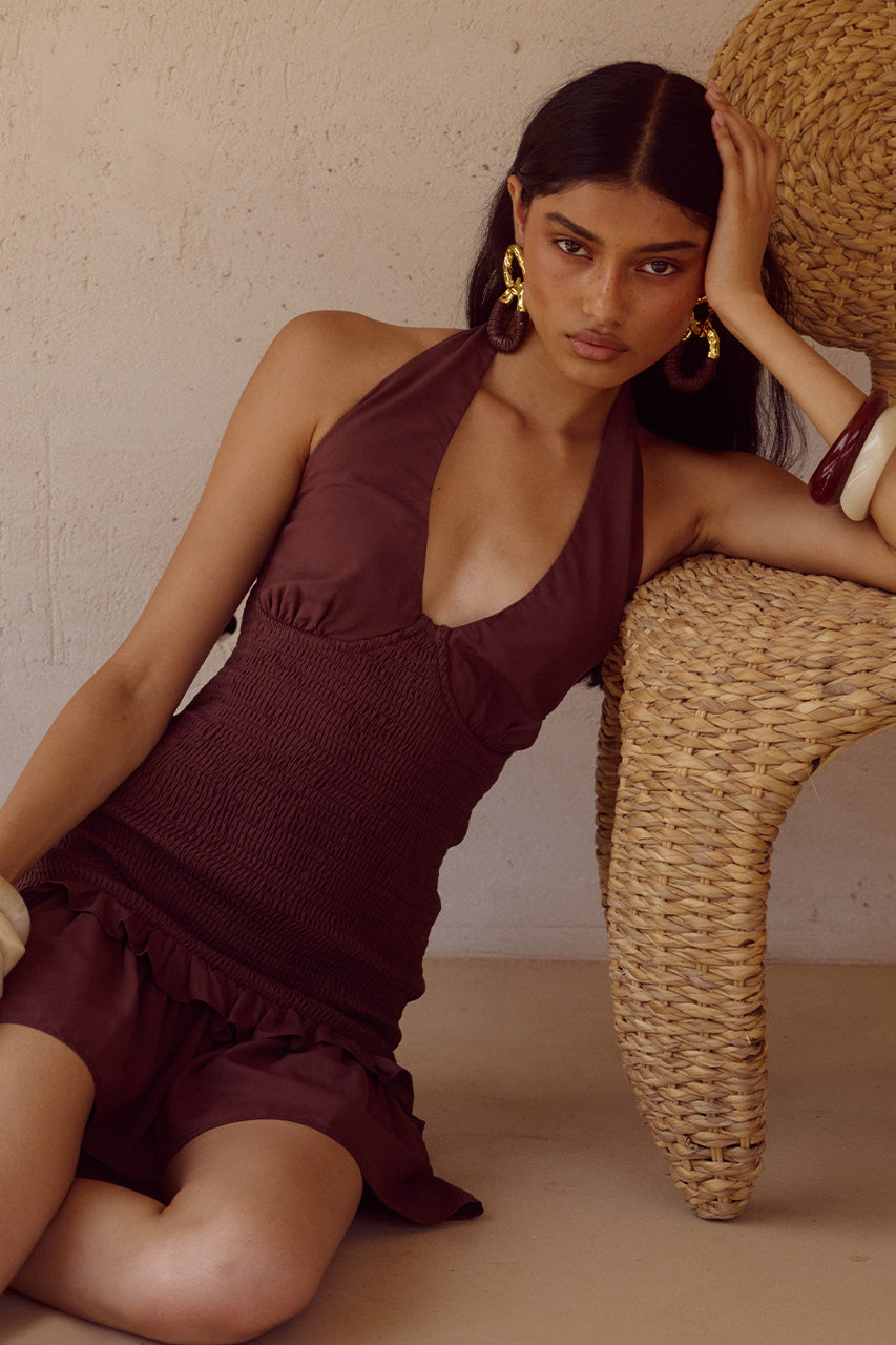 FLEUR SHIRRED HALTER MINI DRESSS - CHOCOLATE | Runaway The Label US