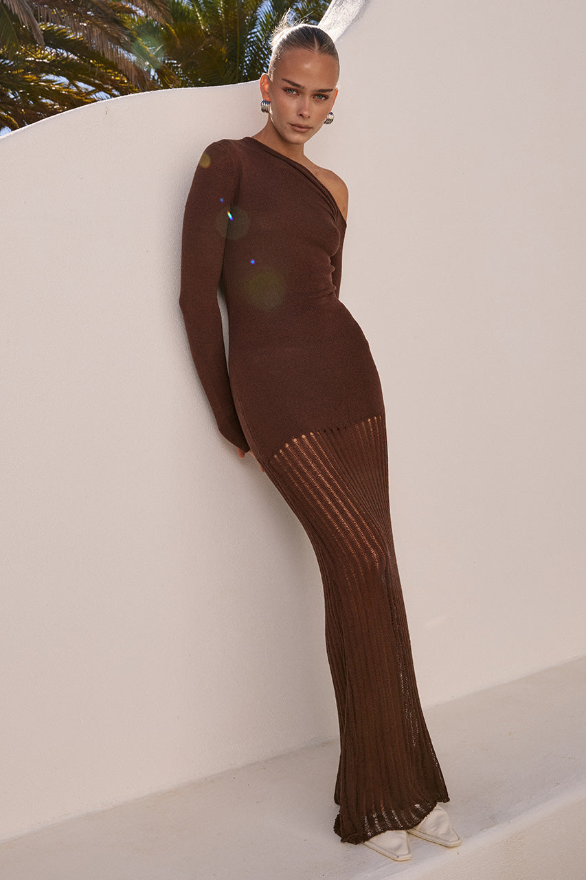 GRETA ONE SHOULDER KNIT MAXI DRESS - CHOCOLATE