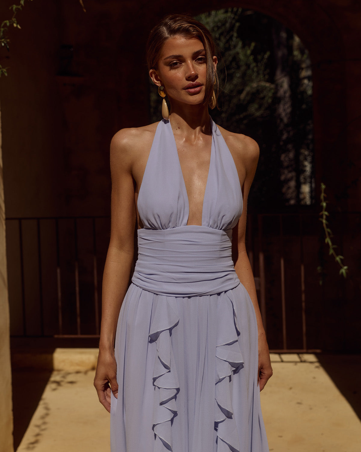 ISOLINA HALTER CORSET MAXI DRESS - SKY BLUE