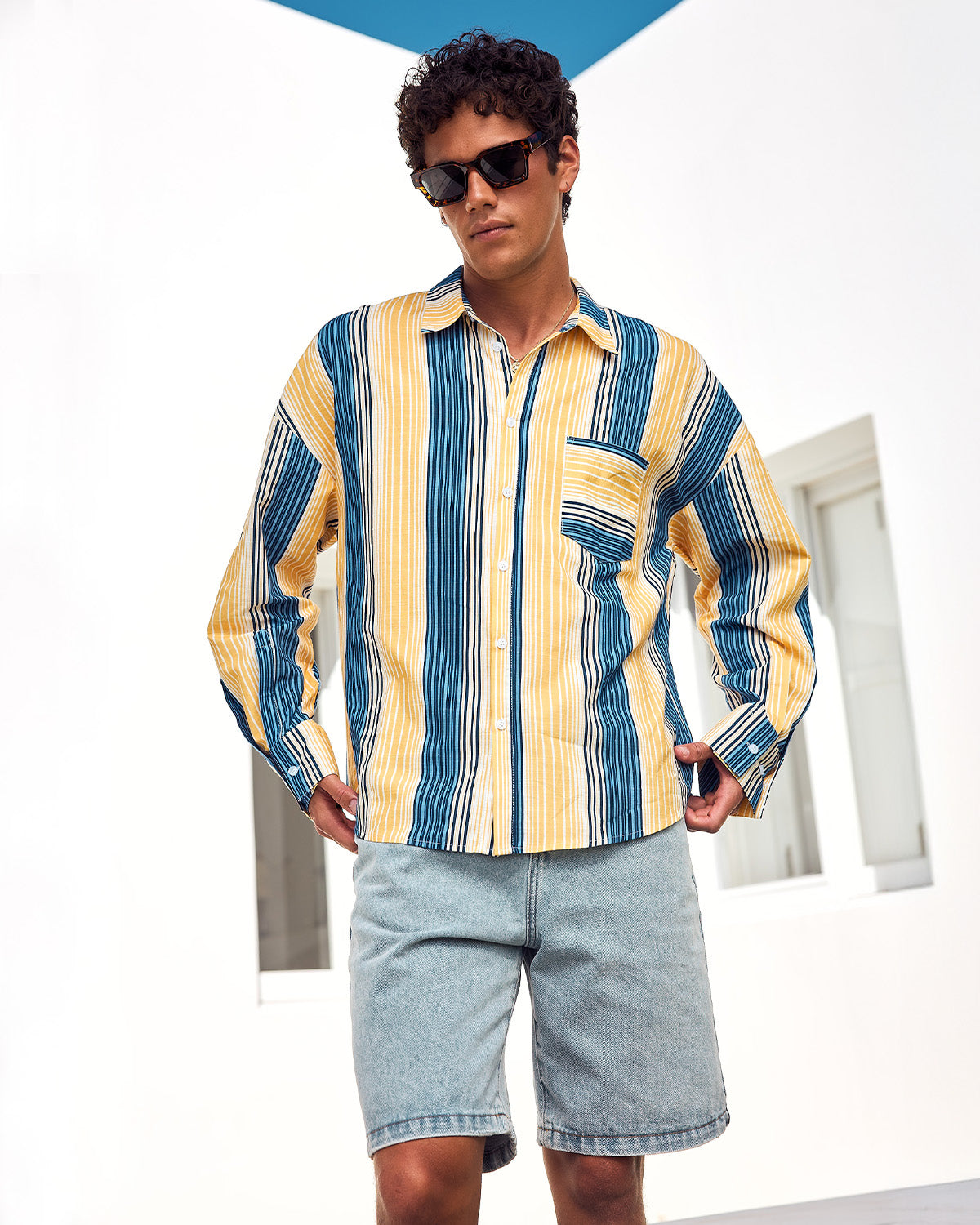 LEON LONG SLEEVE SHIRT - BLUE/ORANGE STRIPE