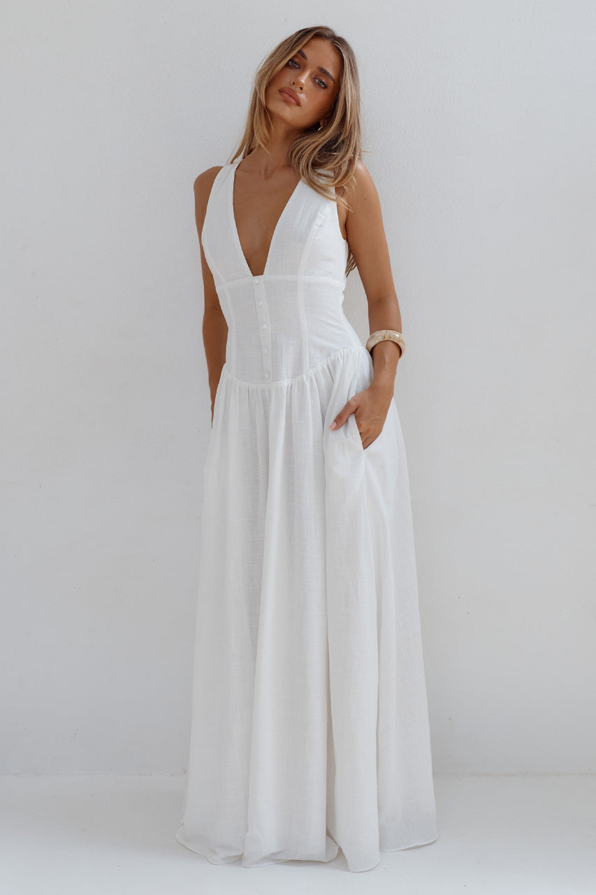 LEONORA DEEP V CORSET MAXI DRESS - WHITE