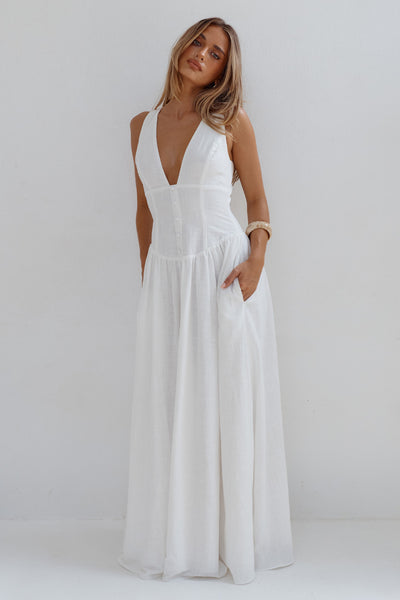 LEONORA DEEP V CORSET MAXI DRESS - WHITE | Runaway The Label Australia