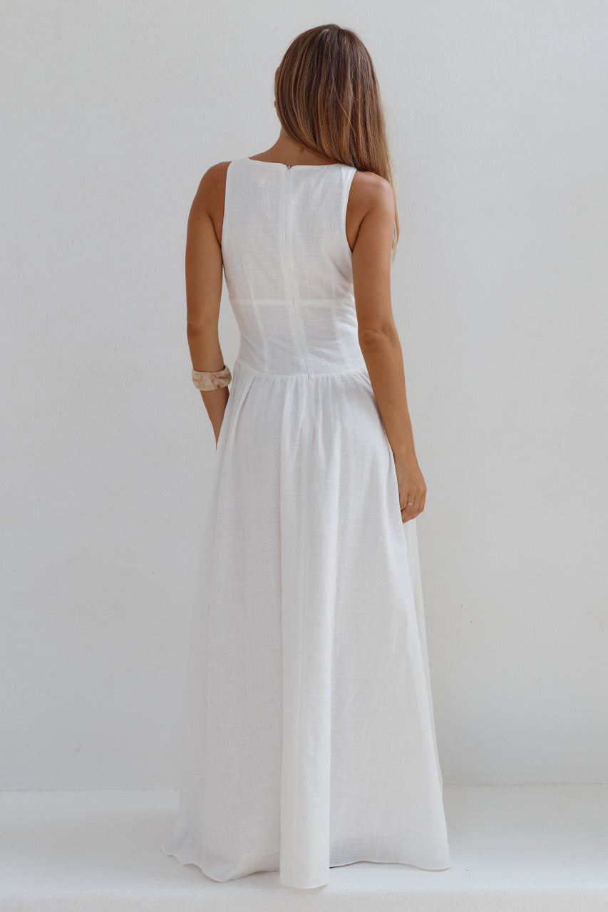 LEONORA DEEP V CORSET MAXI DRESS - WHITE