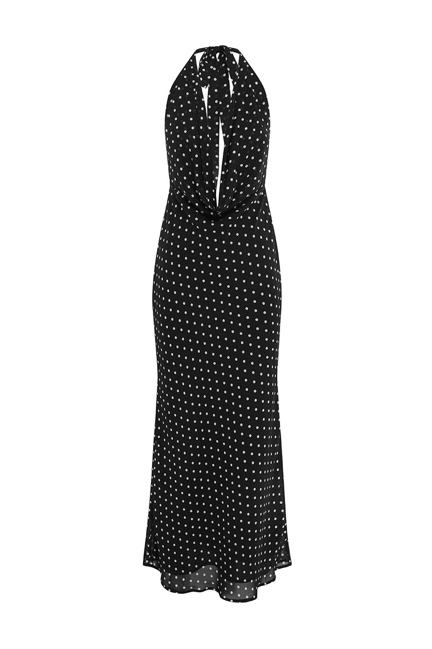 LEXIE LOW PLUNGE HALTER MAXI DRESS - BLACK POLKA
