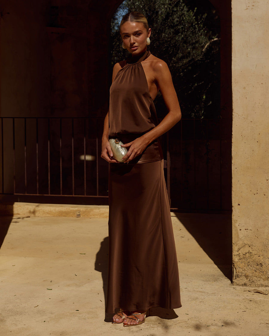 LILIETTE HALTER MAXI DRESS - CHOCOLATE