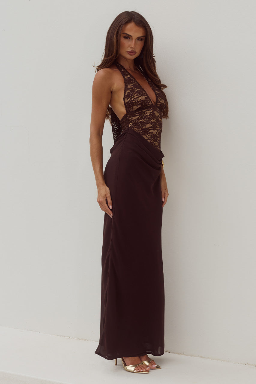 極美品　Her lip to Linen Belted Maxi Dress 麻 LINA HALTER DRAPED MAXI DRESS - BITTER CHOCOLATE | Runaway The