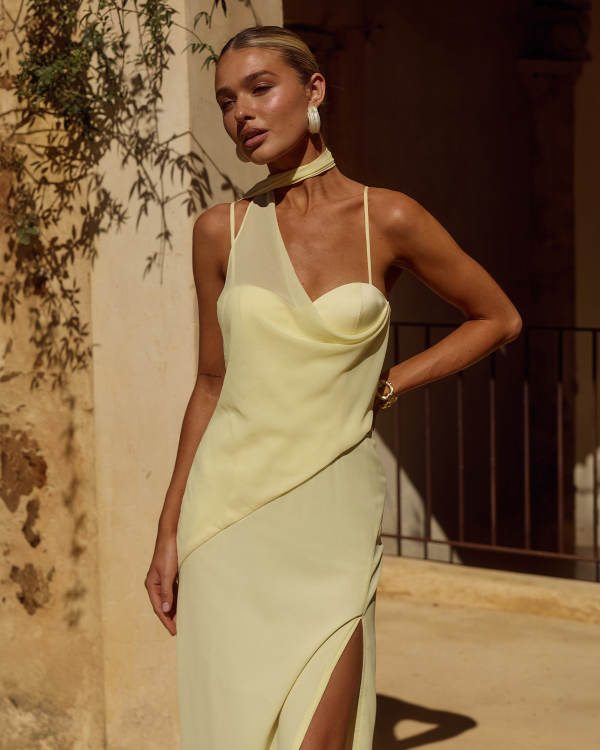 LIORA DRAPED SCARF MAXI DRESS - BUTTER