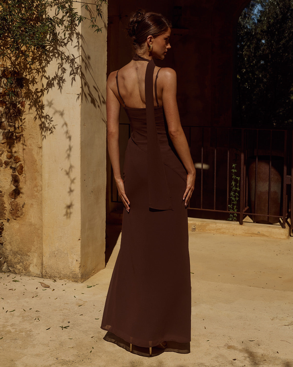 Dorry doll リルアー drape design dress brown LIORA DRAPED SCARF MAXI DRESS - CHOCOLATE | Runaway The Label